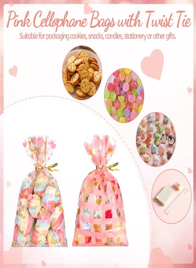 woric 150PCS Valentines Bags 5 Style Valentine Treat Bags Pink Heart Plastic Candy Bag with Twist Ties for Valentine's Day Birthday Gift Goodie Cookie Snack Party Favor Supplies - Image 3